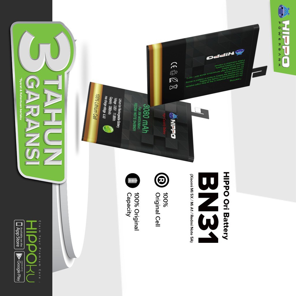 Baterai Xiaomi BN31 BN34 BN35 BN41 BN43 BN44 BN45 BM22 Garansi Resmi 12 bulan Hippo