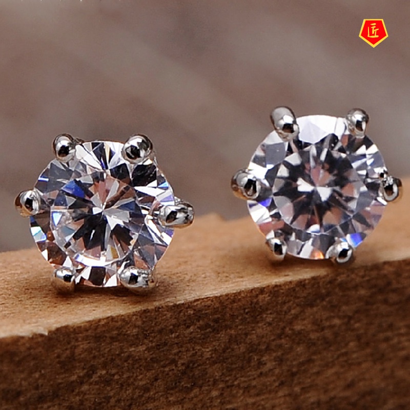 [Ready Stock]Fashion Silver Six-Claw Diamond Stud Earrings for Women