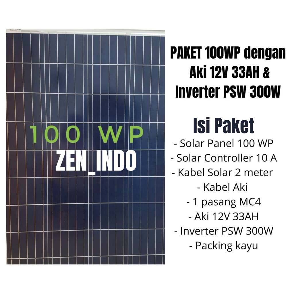 Paket Hemat Solar Panel 100WP, Aki 12 v 33 Ah dan Inverter PSW 300W (termasuk packing kayu)