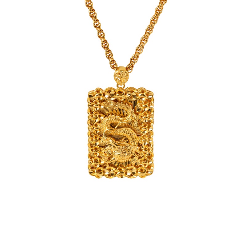 Liontin Bentuk Kotak Desain Naga Lapis Emas Asli Kadar 375 Gaya Bangkok Untuk Pria