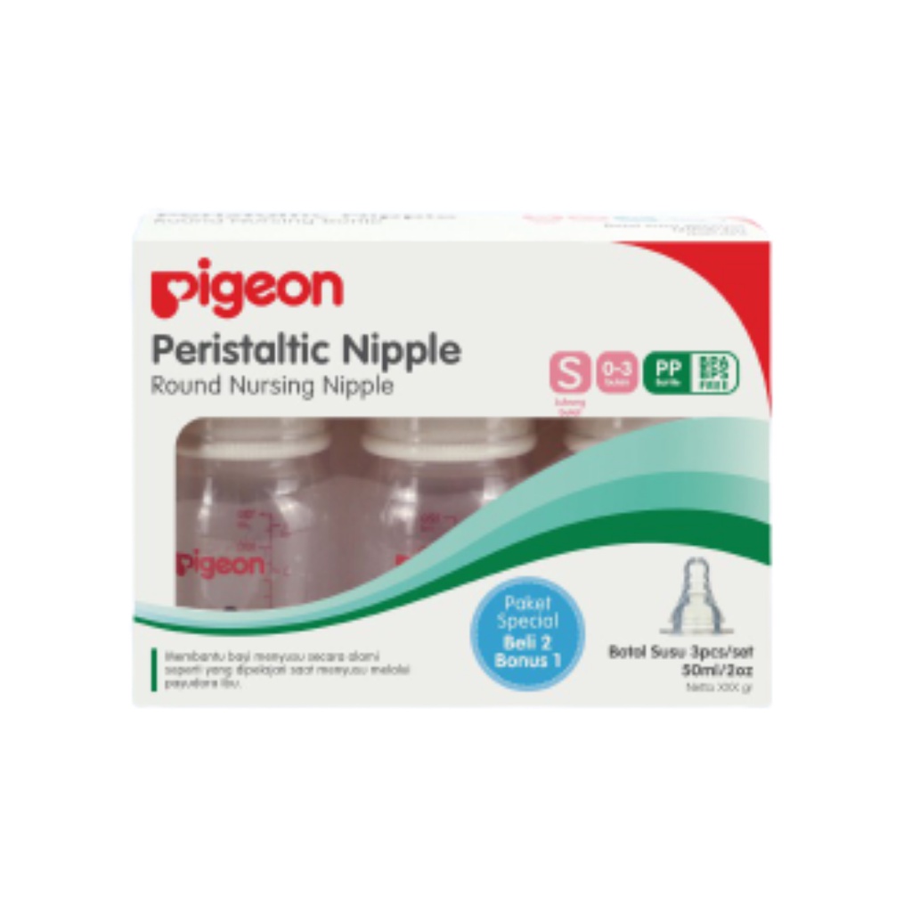 Pigeon Peristaltic Nipple Round Nursing Bottle Set Botol PP RP 50ml Paket Spesial Beli 2 Bonus 1