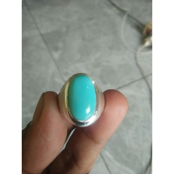 Natural batu pirus persia biru polos mulus ring perak 925 jaminan batu asli
