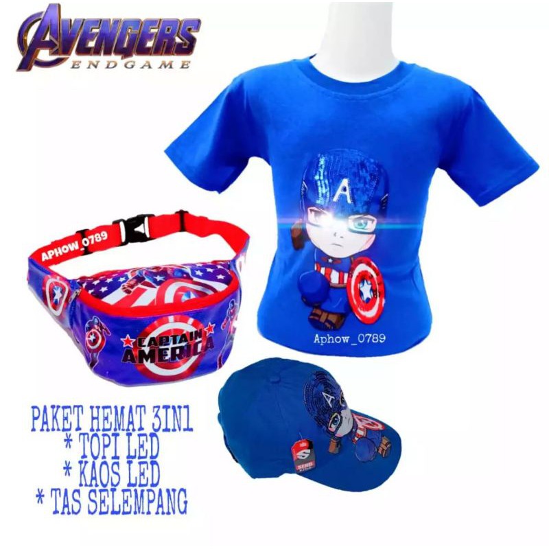 Kaos anak Led Karakter Kapten America 3in1 - kaos + waistbag + topi led