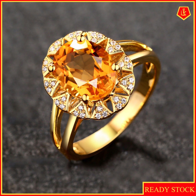 [Ready Stock]Simple Personality Full Diamond Inlaid Citrine Ring