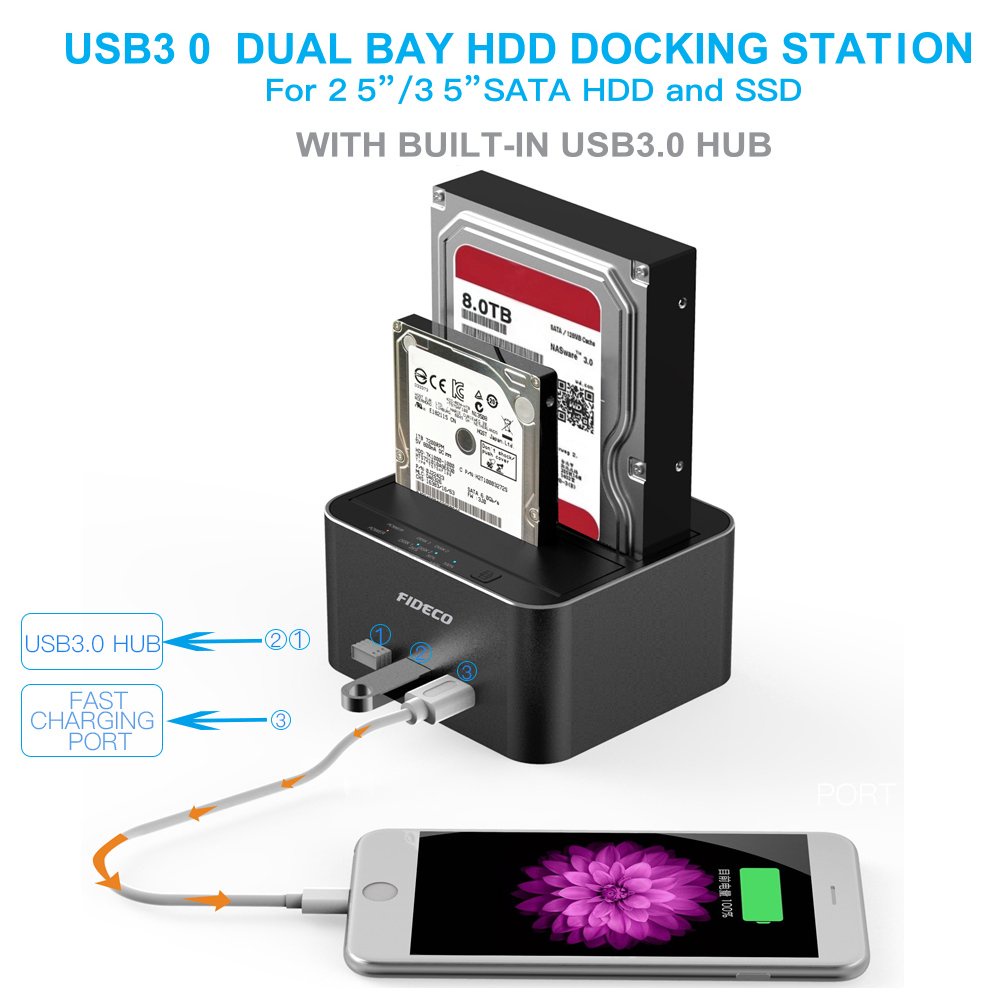 Docking Harddisk 2 Bay SATA with USB HUB 3.0 FIDECO Support HDD SSD