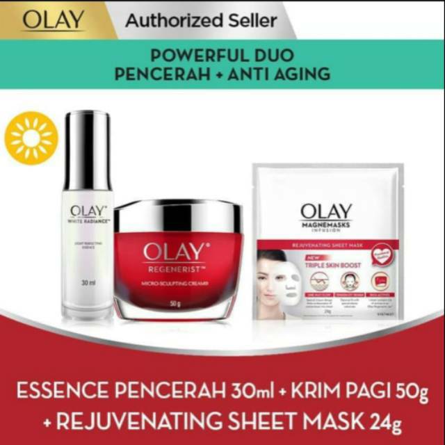 SET OLAY POWER DUO Day Regenerist 50g + Olay White Radiant Essence 30ml + Rejuvenate Sheet Mask 24g