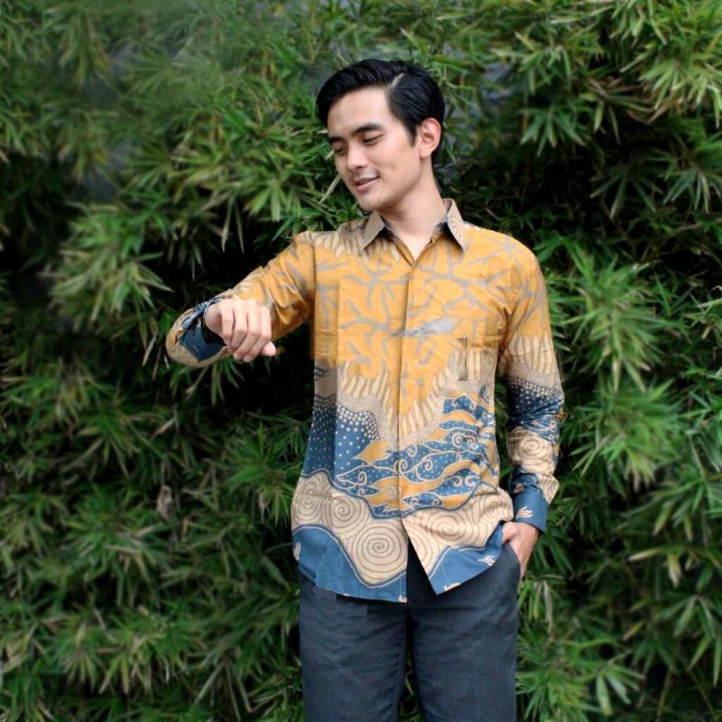 ATASAN PRIA KEMEJA BATIK LENGAN PANJANG ELEGAN KATUN/DOBY LAPIS FURING MOTIF BIRU KUNING