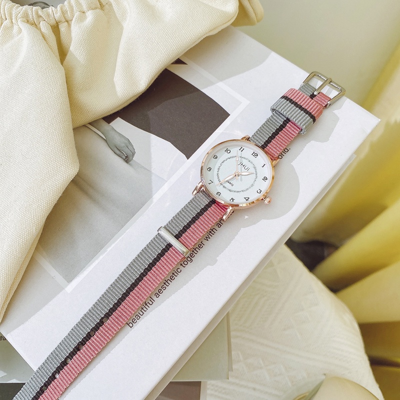 MOGYMOGY J183 Jam Tangan Fashion Wanita Canvas Dua Warna Stainless Steel Watch Kanvas JHUI