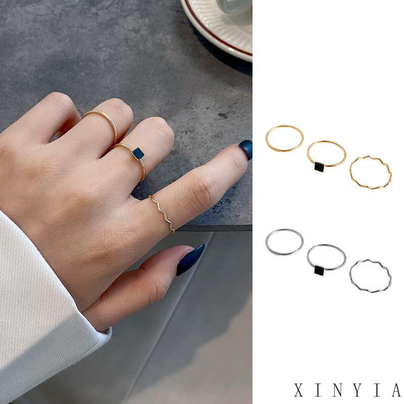 3pcs Cincin Zircon Bentuk Kotak Warna Hitam Untuk Wanita