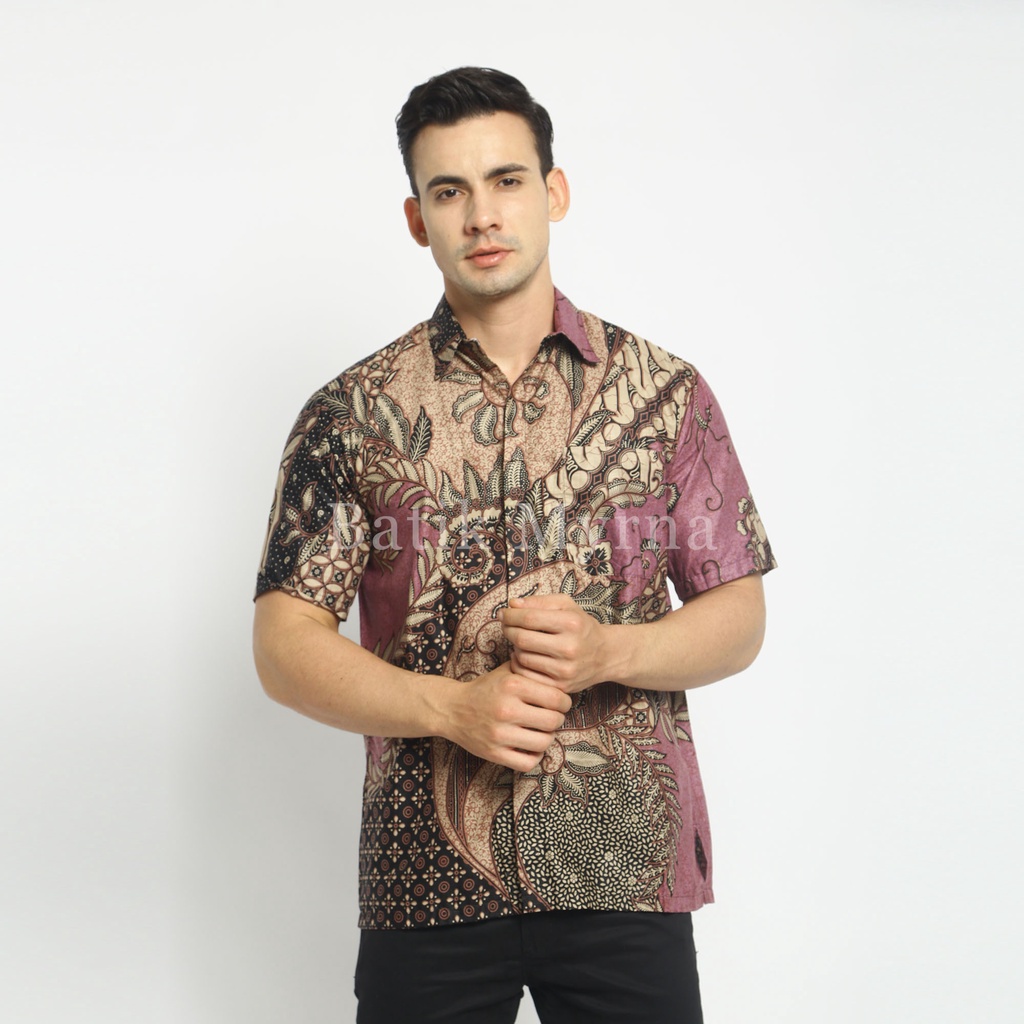 BATIK MYRNA - Kemeja Batik Lengan Pendek Baju Atasan Pria Motif Fauna Lilac