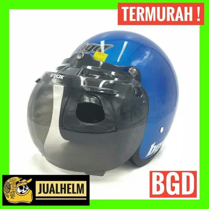 Helm Retro BGD Blue Glossy + Kaca / Helm Bogo / Helm Classic