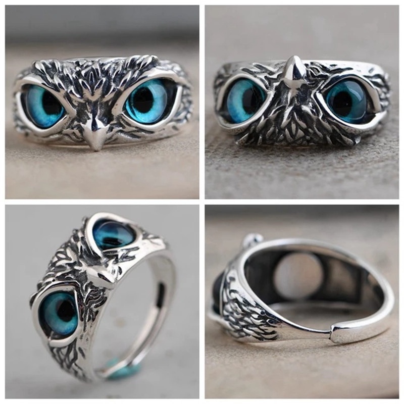 Retro blue glasses owl men and women rings hip hop punk rock jewelry accessories factory wholesale in stock