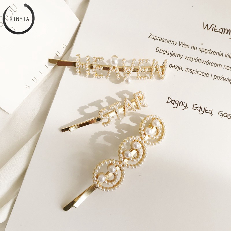 Jepit Rambut Model Huruf Inggris dengan Mutiara Imitasi untuk Wanita