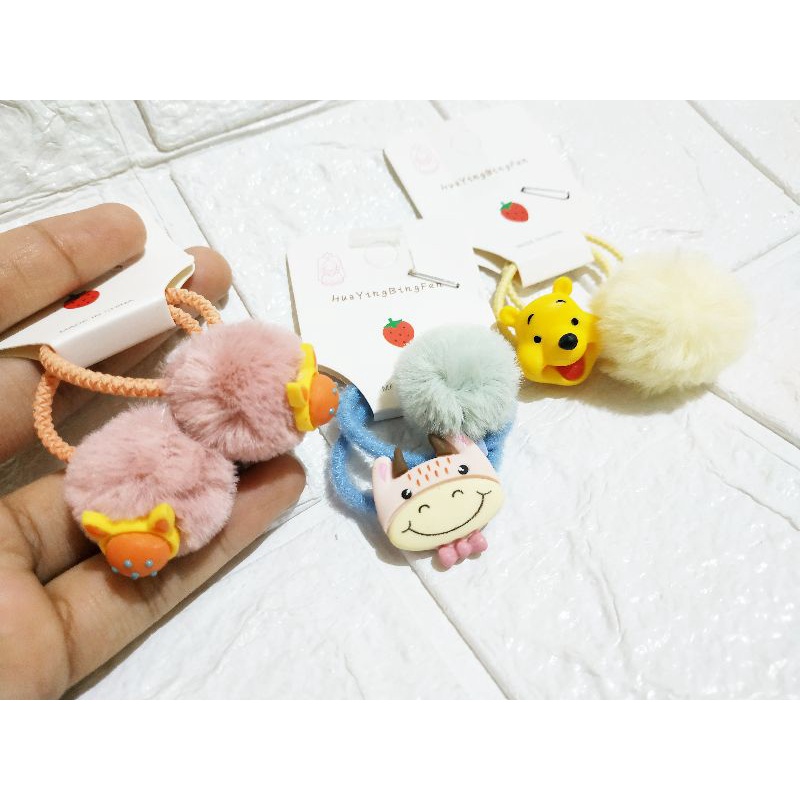 KLV03 Ikat Rambut Karet Korea Variasi Pom Pom isi 2