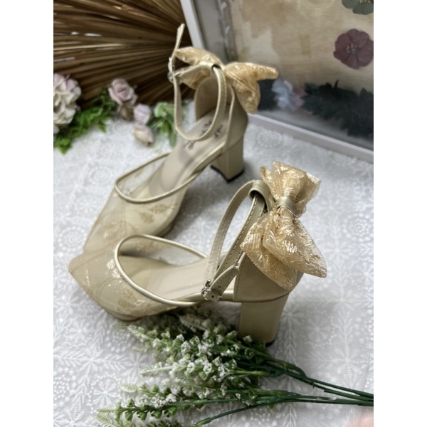sepatu Rafaizoutfit valia model pita warna gold tinggi 7cm