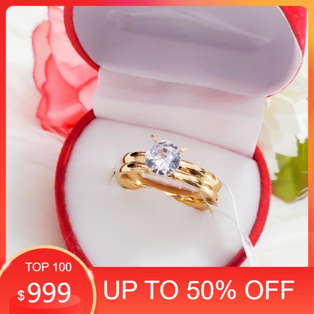 Cincin Titanium Anti Alergi Mata Satu Polos 2 ikat Lapis Emas 18k Plus Kotak Cincin Bentuk Love