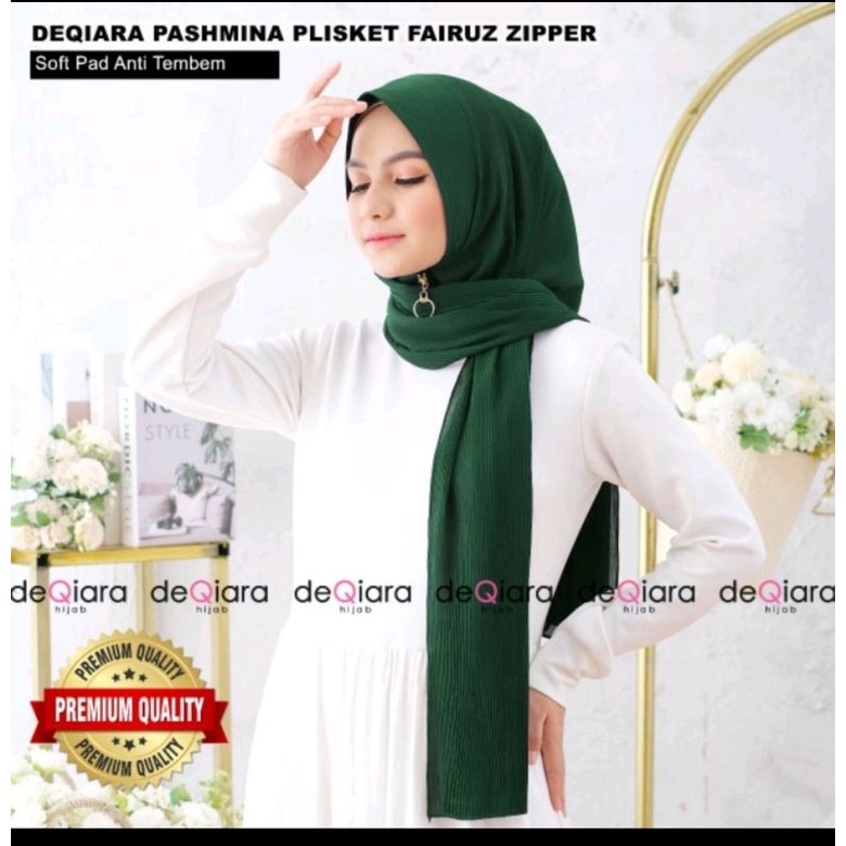 Hijab Jilbab pesta polos motif Pasmina Instan Soft Pad Antem Plisket Fairuz Zipper original deqiara