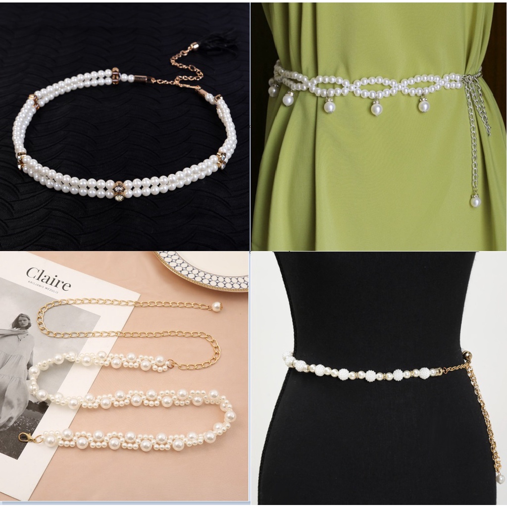 Ikat Pinggang Rantai Wanita MUTIARA RUMBAI  Korean Fashion Style  Women Pearl Belt Gasper Cewe Sabuk Elastis