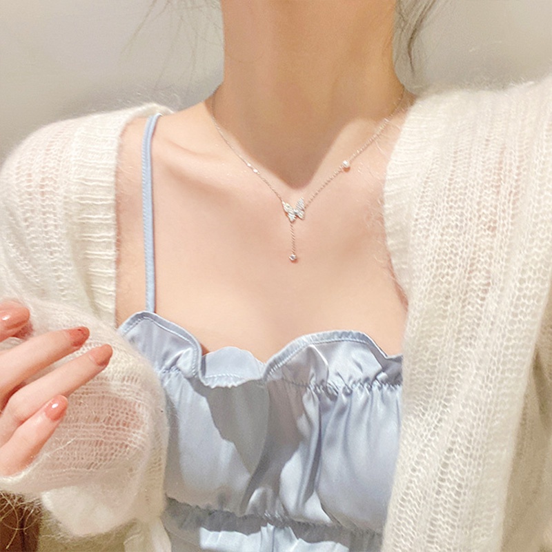 Kalung Rantai Desain Kupu-Kupu Rumbai Aksen Berlian Gaya Korea