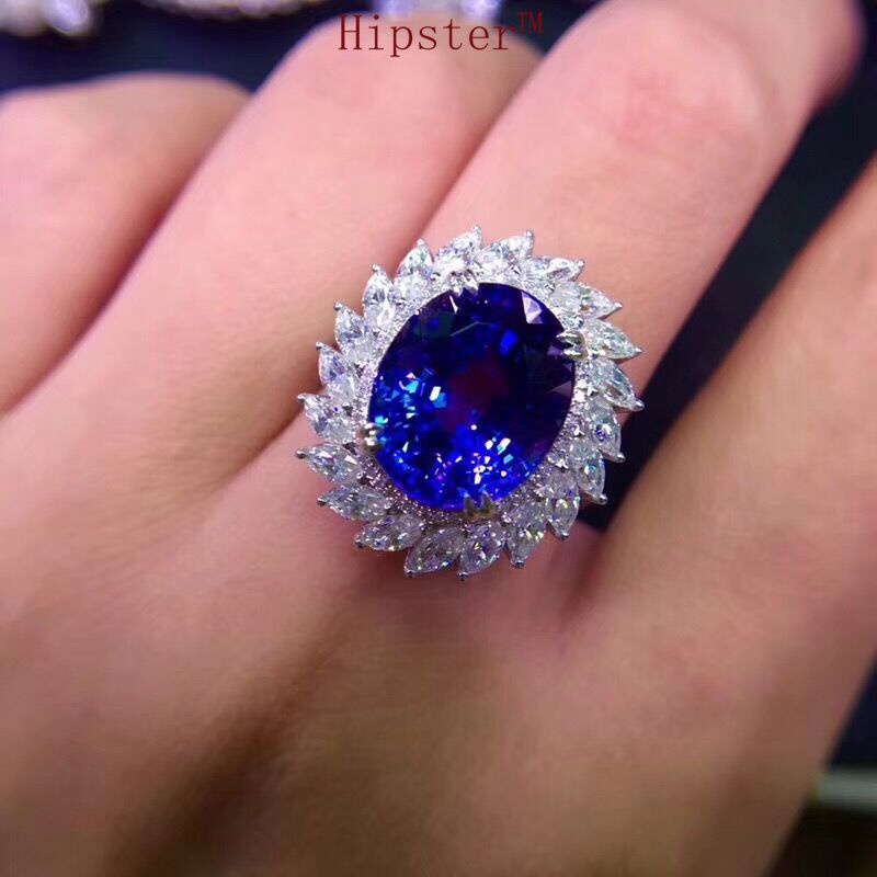 Natural Blue Tanzanite Open Ring 18K White Gold Jewelry