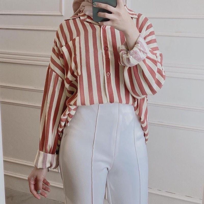 1KG MUAT 5PCS |  STRIPE KEMEJA SALUR OVERSIZE HITS OOTD SELEBGRAM FASHION GROSIR WANITA TERMURAH