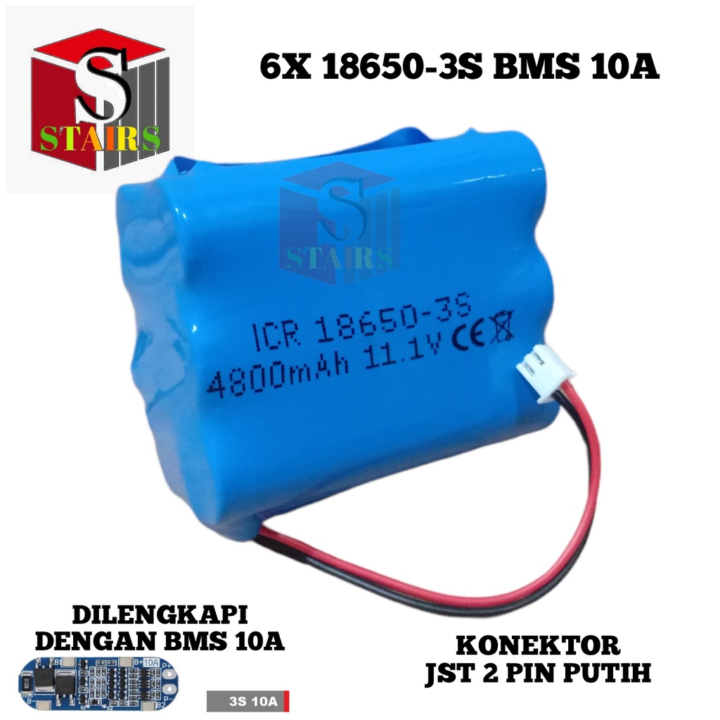 Baterai RC / Speaker Bluetooth / Elektronik Lainnya 6X 18650-3S BMS 10A  4800mAh 11.1V Konektor JST 2 PIN PUTIH