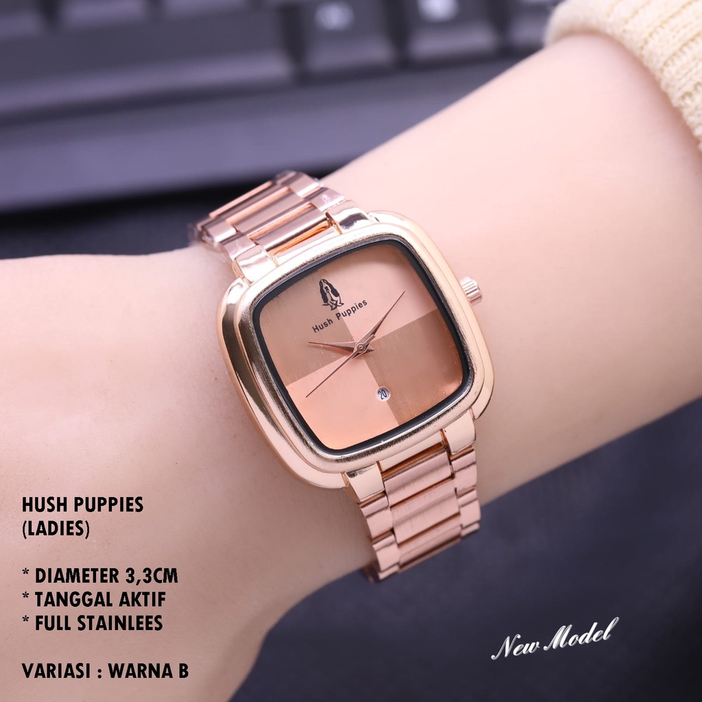 (BISA COD) JAM TANGAN WANITA HUSH PUPPIES H-006 RANTAI BODY SEGI TANGGAL AKTIF