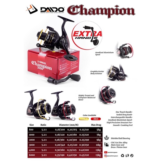 Reel Daido Champion free handle ukuran 800 sampai 4000