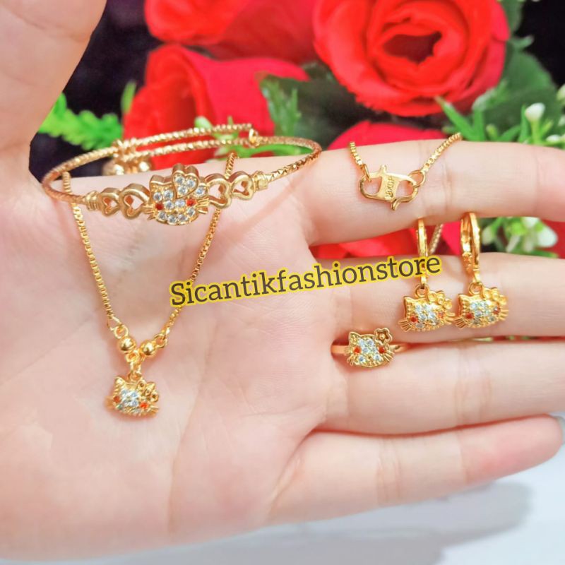 Perhiasan set anak anak terbaru satu paket Gelang anting cincin kalung anti Karat tidak luntur mewah