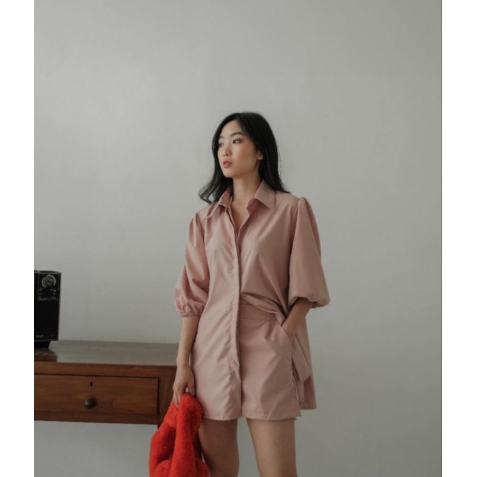 Nadine Puff Set / setelan wanita kemeja lengan balon celana pendek