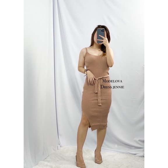 MDLV ~ DRESS JENNIE RAJUT DRESS BODYCON SLIDE SAMPING DRESS KOREA STYLE DRESS MIDI FASHION WANITA