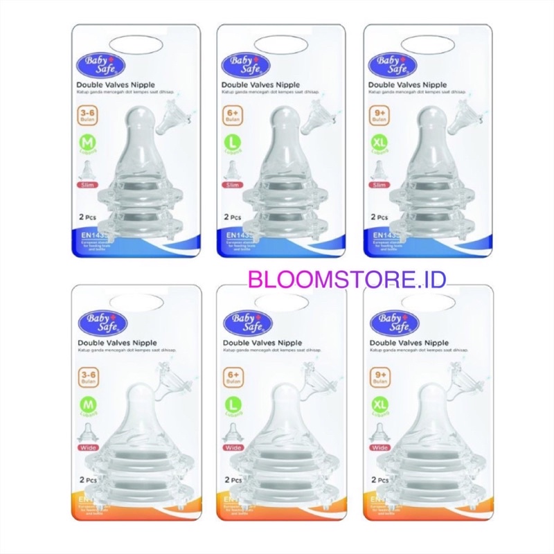 ISI 2 PCS - BABY SAFE Babysafe Double Valves Nipple Slim Wide Neck Wideneck Slimneck Regular Reguler Dot Botol Susu Bayi Milk Baby Bottle  6+ 9+ Bulan 2pcs Size Ukuran L XL