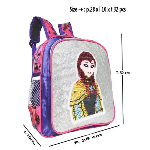 Tas Ransel Sekolah Anak Perempuan Sequin karakter FROZEN Usap Paud / Tk