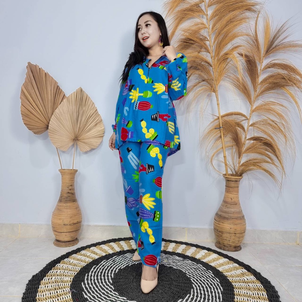 Babydoll Bali Panjang Motif Kaktus Ruffle