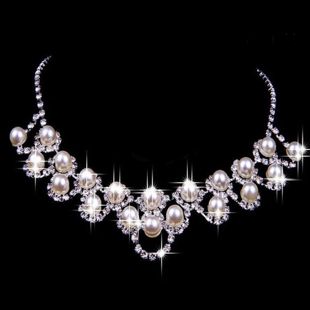 OW@ Women Palace Style Rhinestone Faux Pearl Pendant Necklace Earrings Jewelry Set