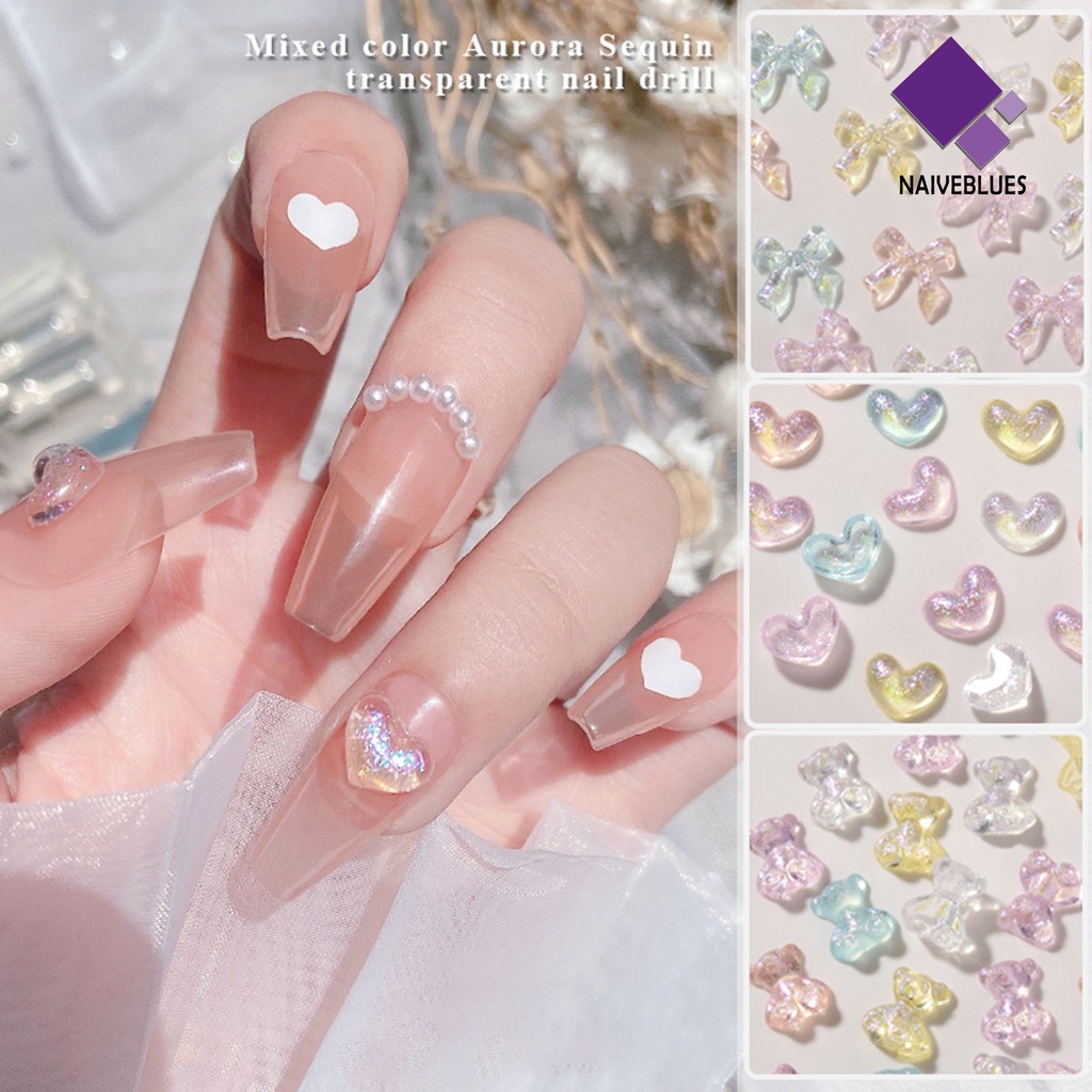 Naiveblue 50Pcs / Pak Hiasan Kuku Bentuk Hati / Pita / Beruang Bahan Resin Untuk Aksesoris Nail Art Charms