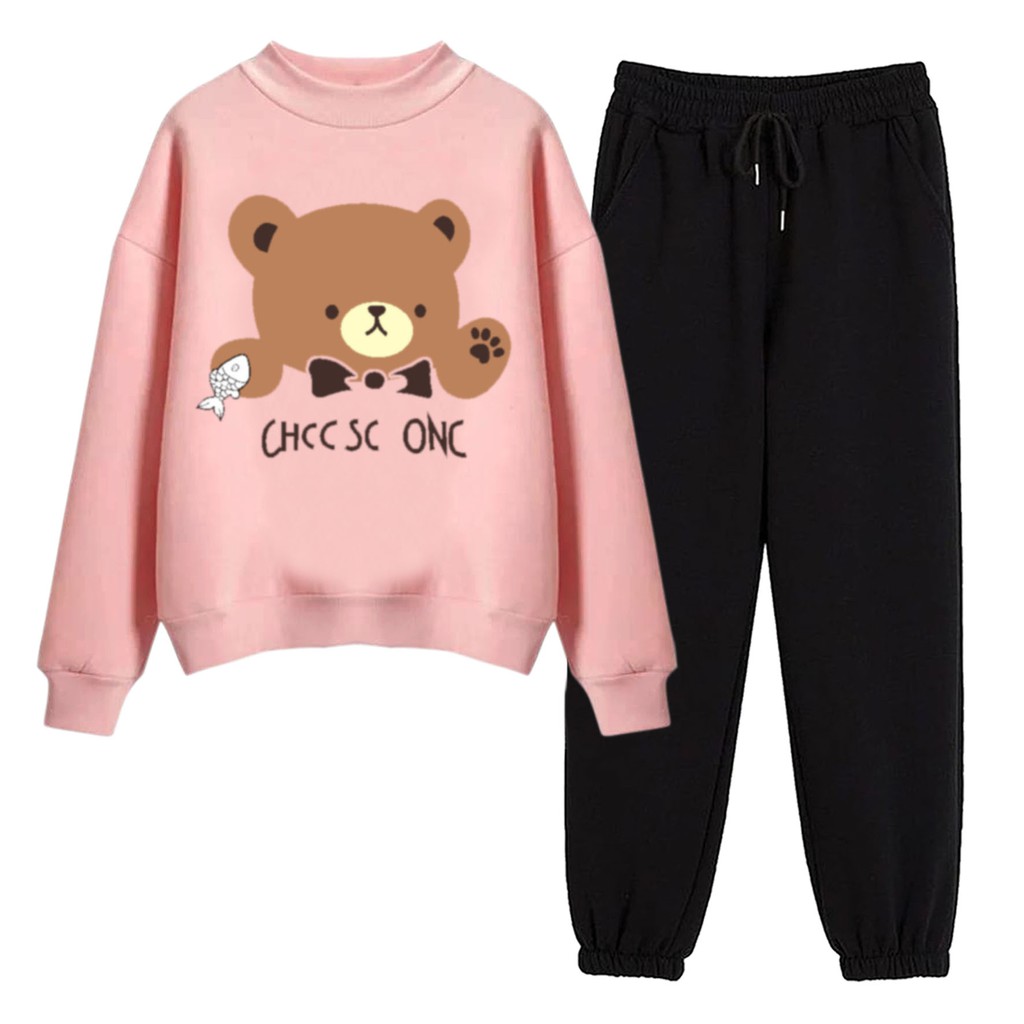 BESS - Baju Setelan Wanita Murah / Setelan Sweater + Jogger Hitam - BEAR ONE