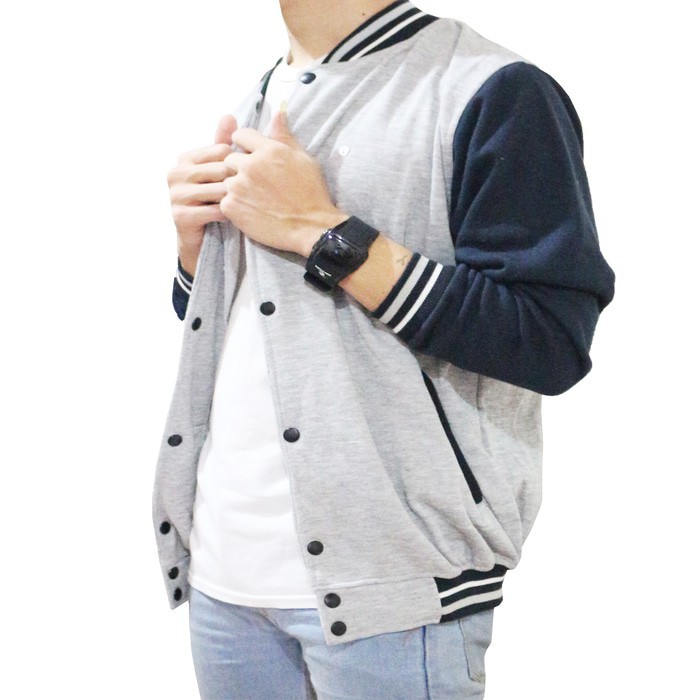 JAKET WANITA PAKAIAN BAJU CEWEK CANTIK KEKINIAN / TERMURAH JAKET BASEBALL ABU LENGAN BIRU NAVY -