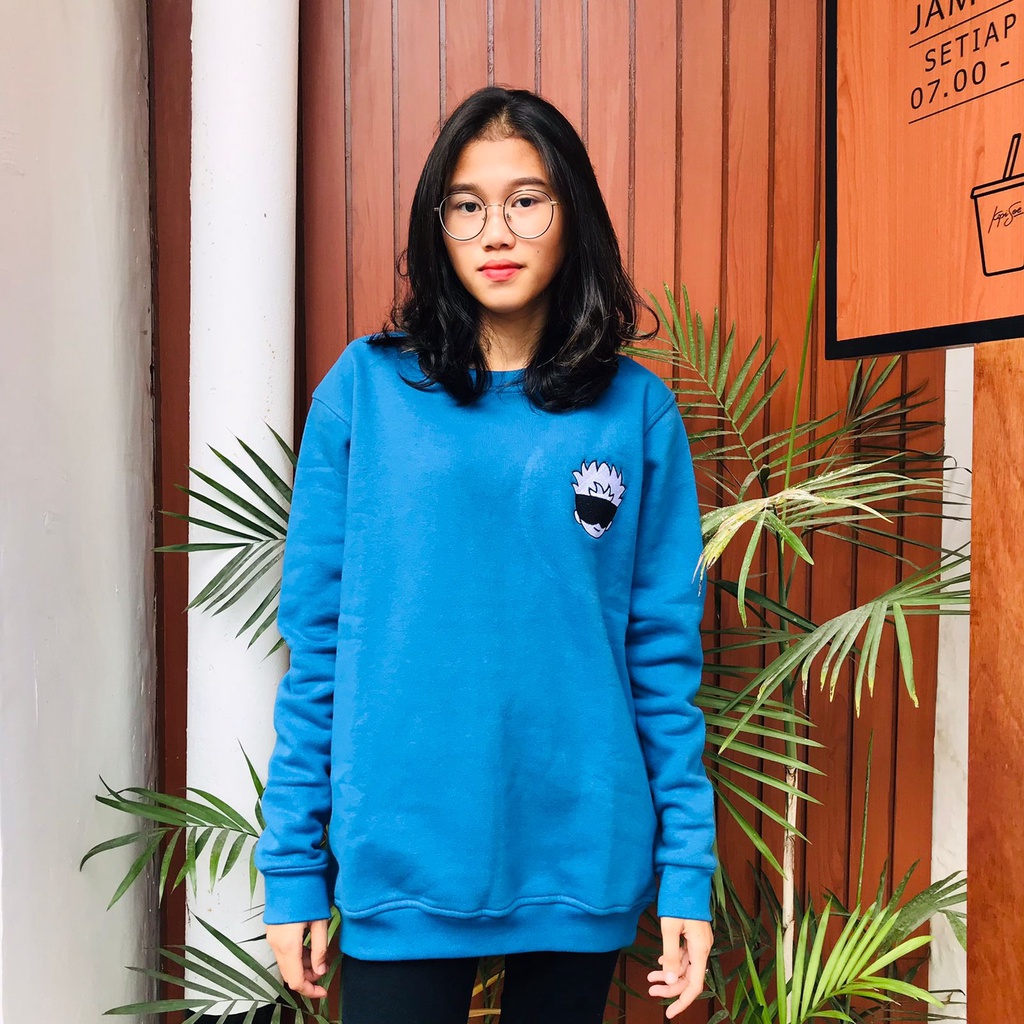 Crewneck Gojo Face Chibi Embroidery Blue Anime Manga Jujutsu Kaisen Premium Unisex