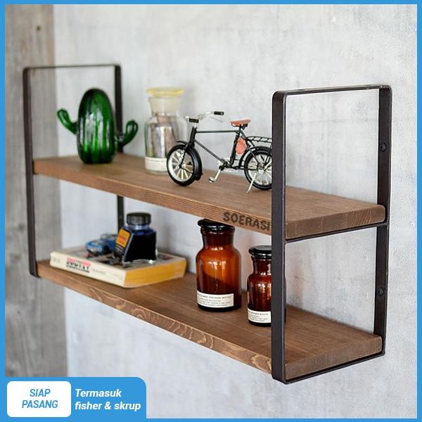 TORA rak dinding 2 ambalan kayu dan besi buku make up hiasan dekorasi - natural, 30CM
