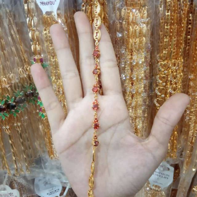 Gelang tangan rante bulat gepeng batu merah