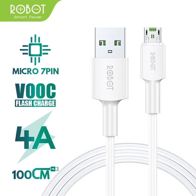 ROBOT RVM100 4A 100cm VOOC Flash Charging Micro  Data Cable with Velcro Strap White Fast Charging