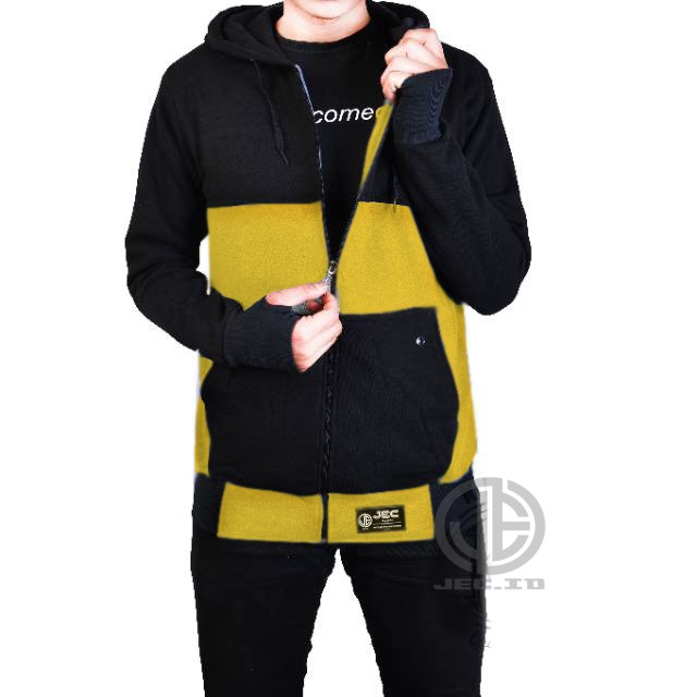 JEC Jaket Hoodie Zipper Combi Hitam Kuning Full Premium | Sweater | Switer | Unisex | Fleece |Distro