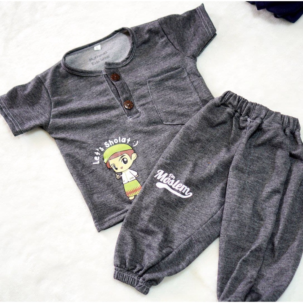 KIANO SET CELANA PANJANG AYO MENGAJI / BAJU ANAK SET UNISEX-KIANO PJG ABU