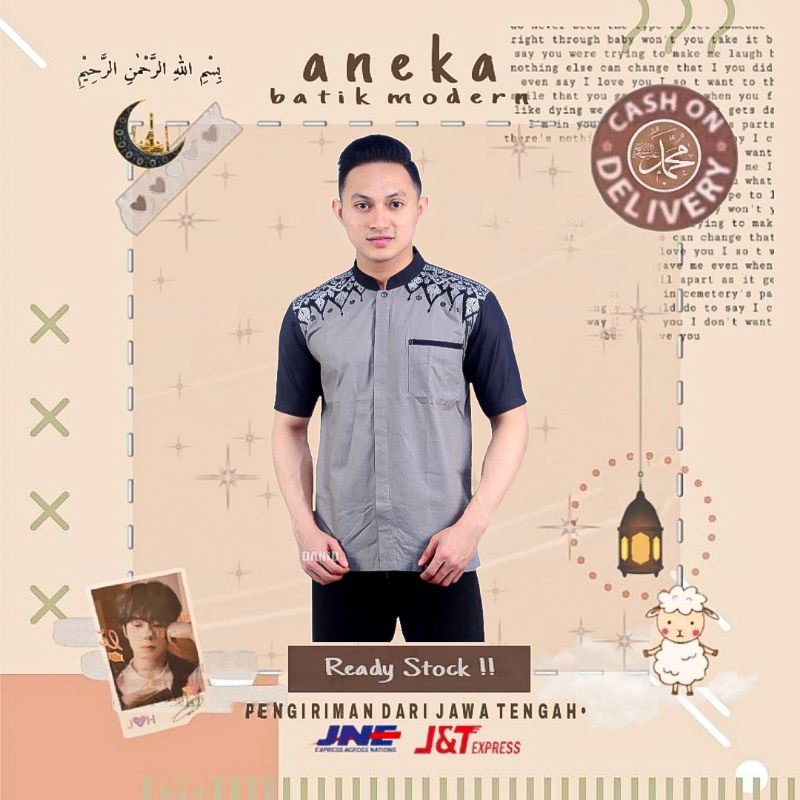 BAJU KOKO BORDIR PRIA COWOK KOMBINASI BATIK LENGAN PENDEK WARNA HITAM ABU GREY SILVER