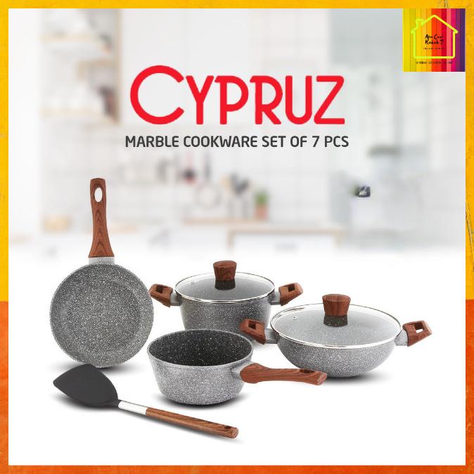 Ready...Ready...Ready...] CYPRUZ Marble Cookware Set 7 Pcs Panci Penggorengan Anti Lengket