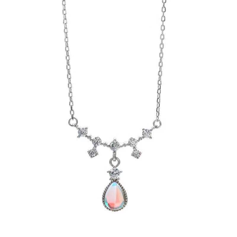 Kalung Rantai Klavikula Dengan Liontin Batu Bulan Warna-Warni Bahan 925 Silver Untuk Hadiah