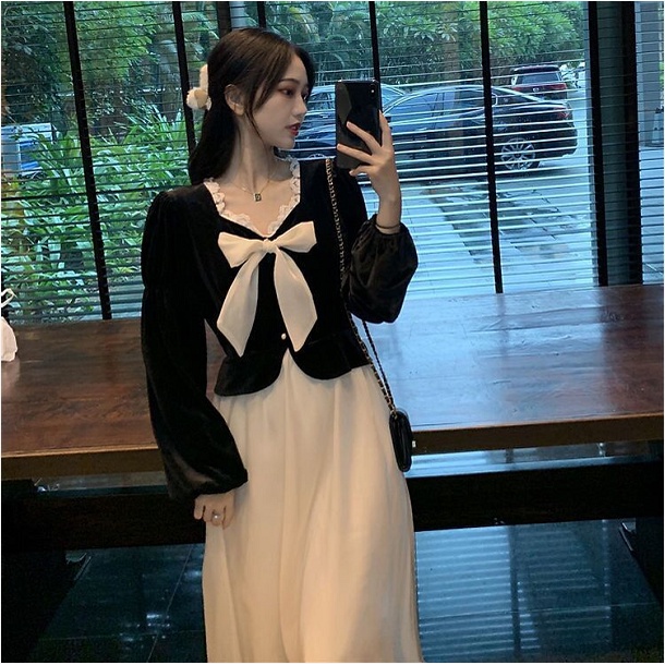 Baru Perancis Hepburn Dress Retro Temperamen Beludru Palsu Rok Dua Potong