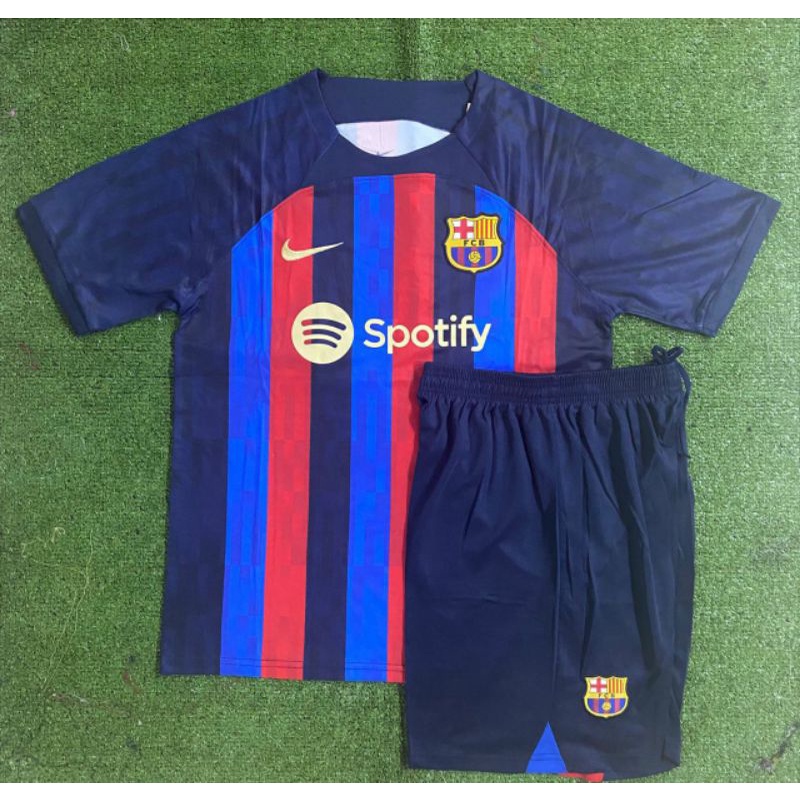 SETELAN STELAN BAJU CELANA BARCELONA BARCA HOME SPOTIFY UNHCR 2022  / 2023 BAJU BOLA OLAHRAGA GRADE 
