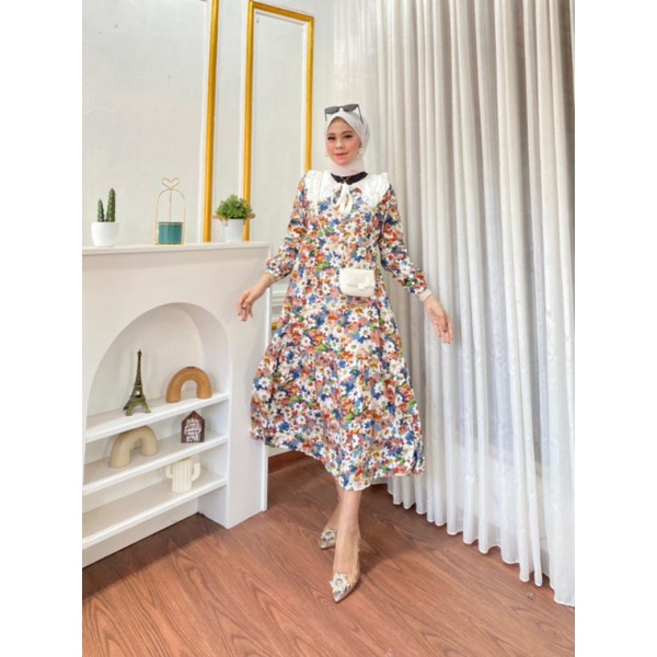 Midi Bunga Kerah Putih  // Midi Rayon Eksklusif // Midi Motif